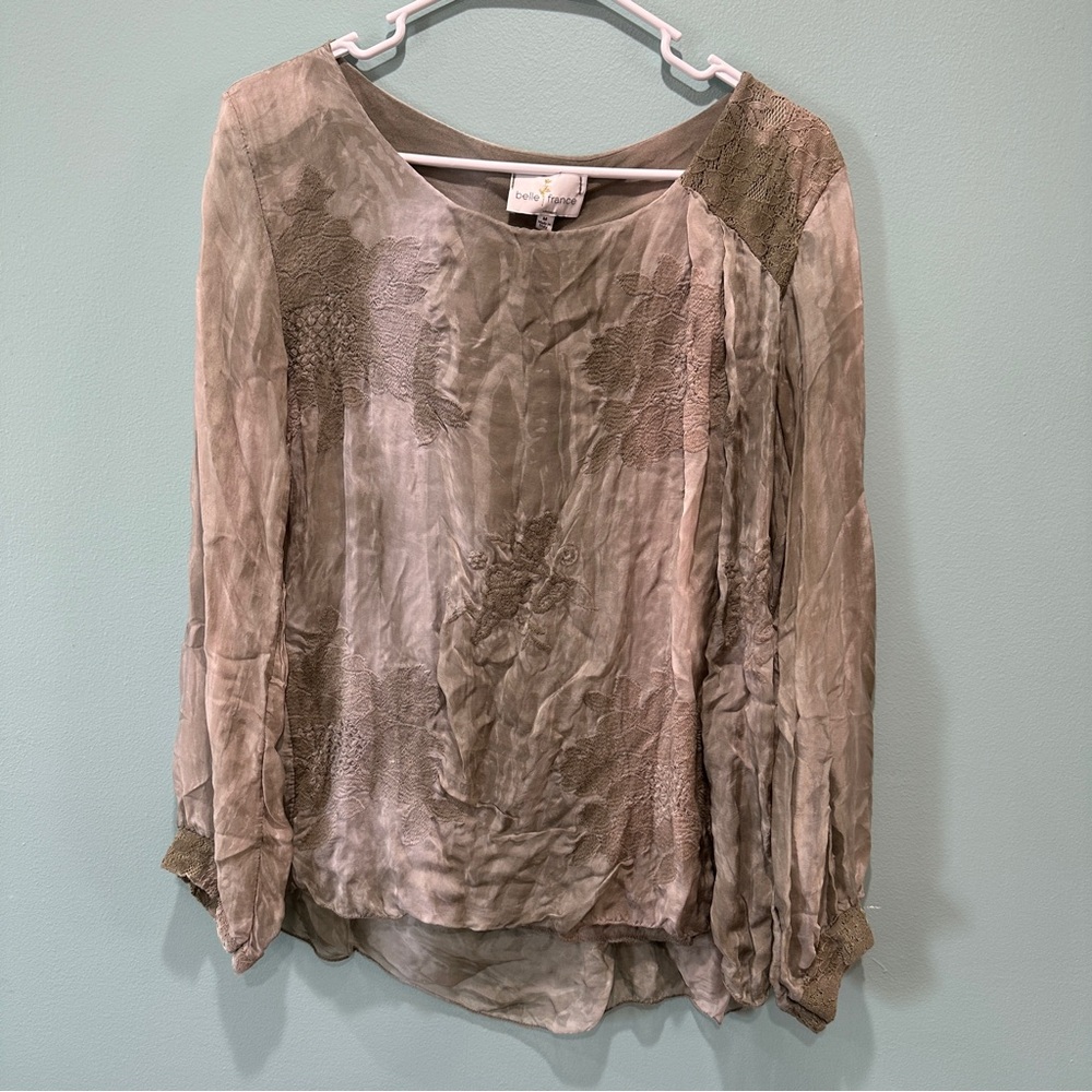 Belle France Silk Boho Blouse Embroidered Green Tan Long Sleeve Top